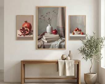 Impressão de natureza morta com romãs | Vaso neutro, livros, decoração escandinava