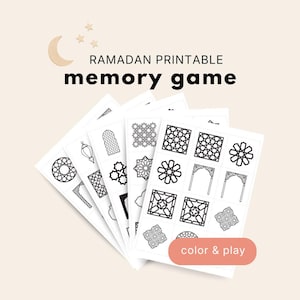May include: A stack of white printable memory game cards with black geometric designs. The cards are labeled "Ramadan Printable Memory Game" and "color & play". A crescent moon and stars are in the background.