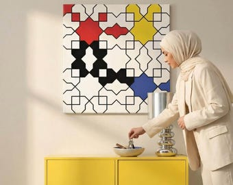 Arte geométrica islâmica em tela | Decoração de parede em vermelho, azul e amarelo inspirada no movimento De Stijl