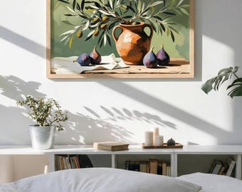 Estampa botânica de figo e oliveira | Decoração de cozinha islâmica inspirada no Alcorão