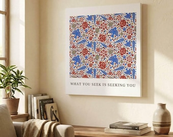 Quadro em tela com citação de Rumi, romã e pássaro azul | Decoração islâmica para casa.