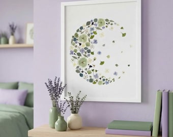 Quadro decorativo com lua para adolescente muçulmana | Impressão emoldurada com flores secas, decoração para o Ramadã