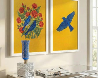 Impressão artística persa Gol o Morgh | Decoração de parede contemporânea com pássaros e rosas (com moldura)