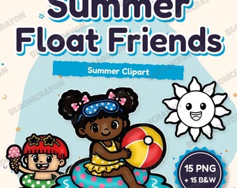 May include: Digital graphic set titled Summer Float Friends Summer Clipart featuring a child with dark skin in a yellow swimsuit on a pink polka dot float with a beach ball, a child with red hair holding an ice cream, and a sun icon.