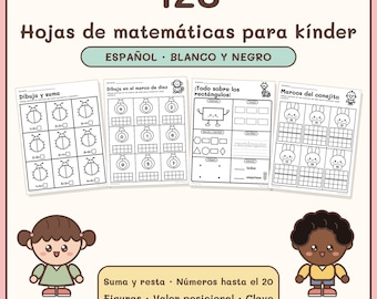 May include: A set of 126 black and white math worksheets for kindergarten featuring addition, subtraction, numbers up to 20, shapes, and place value. The pages include illustrations of ladybugs, rabbits, and geometric figures with Spanish text.