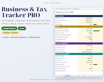 Tax Deduction Tracker, Small Business Bookkeeping Spreadsheet, Self Employed Schedule C, Google Sheets Excel, English Spanish, Mileage Log