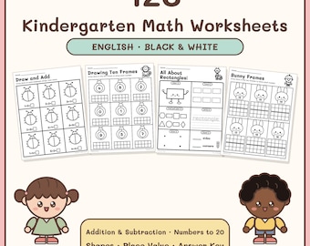 May include: A collection of 126 kindergarten math worksheets featuring addition, subtraction, numbers to 20, shapes, and place value. The set includes black and white pages with activities like Draw and Add, Drawing Ten Frames, All About Rectangles, and Bunny Frames.
