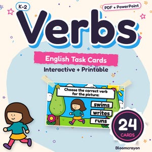 Op de afbeelding: Educatieve Engelse werkwoorden-taakkaartenset voor K-2 leerlingen, met 24 interactieve en printbare kaarten. De omslag toont de titel Verbs, een stripfiguur en een voorbeeldkaart met een rennend meisje en meerkeuzeopties.