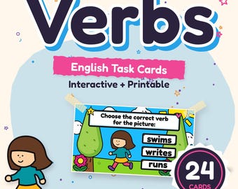 May include: Educational Verbs English Task Cards set for K-2 students, featuring 24 interactive and printable cards. The cover displays the title Verbs, a cartoon character, and a sample card showing a girl running with multiple-choice options.