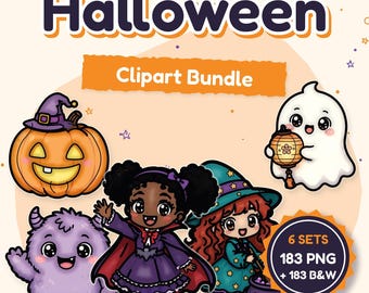 May include: A Halloween Clipart Bundle featuring a carved orange pumpkin, a purple monster, a child in a vampire costume, a child in a witch costume with a cauldron, and a white ghost holding a lantern. Text reads Halloween Clipart Bundle.