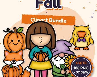 May include: A digital Fall Clipart Bundle featuring cartoon illustrations of a child holding a pumpkin, a fox with a pumpkin, a gnome with a sunflower, and a yellow bird. Text includes Fall, Clipart Bundle, 6 SETS, 186 PNG + 97 B&W, and Bloomcrayon.