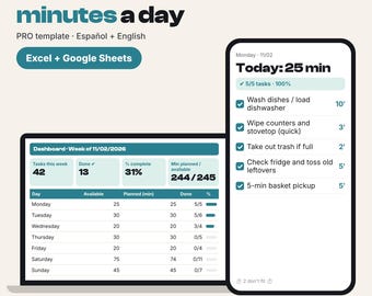 Planificateur de ménage (Excel, Google Sheets) - Planning de ménage hebdomadaire - Tableau des tâches ménagères - Désencombrement - Organisation de la maison (Espagnol + Anglais)