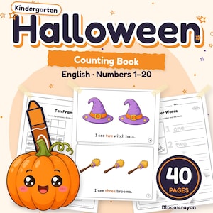 Puede incluir: Un libro de conteo de Halloween para jardín de infantes de 40 páginas, con números en inglés del 1 al 20. La portada muestra una calabaza naranja sonriente, un crayón marrón y páginas de muestra con sombreros de bruja morados.