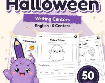 May include: A Kindergarten Halloween Writing Centers educational packet featuring 50 pages and 6 centers. The cover displays a purple monster holding a pencil, with sample worksheets showing a ghost illustration and a lollipop graphic.