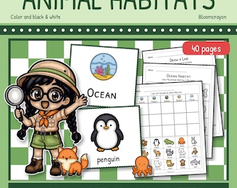 May include: Educational set titled ANIMAL HABITATS featuring 40 pages of cards, sorting activities, and worksheets. Includes a cartoon explorer with a magnifying glass, a fox, a penguin, an octopus, and pages showing ocean habitats.