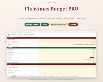 Christmas Budget Planner Spreadsheet 2026, Holiday Gift Tracker, Secret Santa List, Google Sheets Excel, Bilingual Christmas Budget