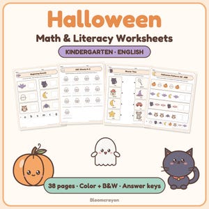 May include: Halloween Math & Literacy Worksheets for kindergarten featuring four pages with activities like Beginning Sounds, ABC Ghosts, Rhyme Time, and Halloween Patterns. Includes a pumpkin, ghost, and cat illustration with 38 pages total.