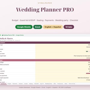 Puede incluir: Una plantilla de hoja de cálculo digital Wedding Planner PRO para Google Sheets y Excel. La interfaz muestra un panel con secciones para cuenta regresiva y presupuesto, con pestañas para listas de invitados, asientos y listas de tareas.