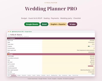 Wedding Planner Spreadsheet, Wedding Budget & Guest List, Google Sheets Excel, English Spanish, RSVP Seating Chart, Padrinos Checklist