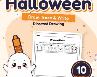May include: A Kindergarten Halloween Draw, Trace & Write directed drawing worksheet featuring a ghost illustration, a crayon, and step-by-step instructions to draw a ghost, with a badge indicating 10 drawings and the brand name Bloomcrayon.