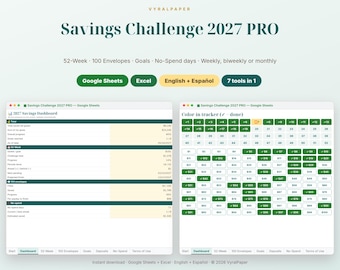 2027 Savings Challenge, 52 Week Savings Challenge, Money Saving Challenge Google Sheets Excel, Reto de Ahorro Bilingual, 100 Envelope