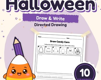 May include: A Kindergarten Halloween Draw & Write directed drawing worksheet featuring a candy corn character with a purple pencil. The page includes steps to draw candy corn, a blank drawing box, and lines for writing. The text reads 10 DRAWINGS.