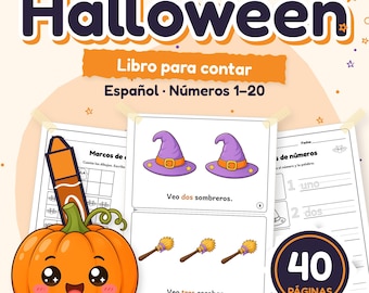 May include: A Kinder Halloween counting book in Spanish for numbers 1-20, featuring 40 pages of worksheets with illustrations of purple witch hats and brooms, accompanied by a cartoon orange pumpkin and a crayon graphic.