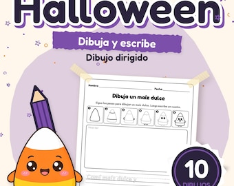 May include: A Kinder Halloween educational worksheet featuring a guided drawing activity for candy corn. The page includes a step-by-step visual guide, a blank space for drawing, and lined sections for writing. A cartoon candy corn character with a purple pencil is shown.
