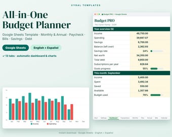 Budget Planner Google Sheets, Monthly Budget Spreadsheet, Paycheck Budget Template, Bill Tracker, Savings & Debt Tracker, English Spanish