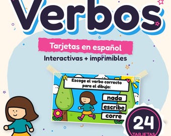 May include: Educational digital resource titled Verbos featuring K-2 level interactive and printable Spanish verb cards. The graphic includes a cartoon character, a sample exercise card with multiple-choice options, and a 24-card count badge.