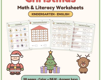 May include: Christmas Math & Literacy Worksheets for kindergarten featuring four activity pages with cookie, gingerbread house, and candy cane themes. Includes a Santa Claus, a decorated Christmas tree with gifts, and a reindeer illustration.