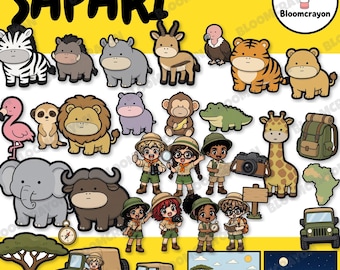 May include: A digital collection of safari-themed illustrations featuring cartoon animals like a zebra, lion, and giraffe, alongside explorers in khaki gear, green off-road vehicles, a camera, a compass, and landscape scenes with the text SAFARI.