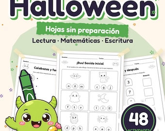 May include: A set of educational worksheets titled Kinder Halloween with 48 activities. The pages feature reading, math, and writing exercises with black and white illustrations of ghosts, bats, and spiders, plus a green monster graphic.