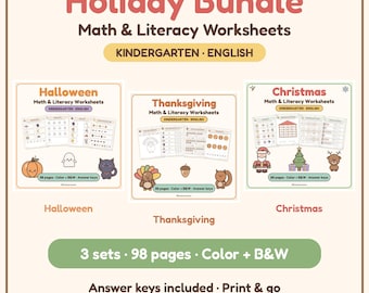 May include: A holiday bundle of math and literacy worksheets for kindergarten in English. Includes three sets for Halloween, Thanksgiving, and Christmas with 98 pages total in color and black and white. Features answer keys and print and go options.
