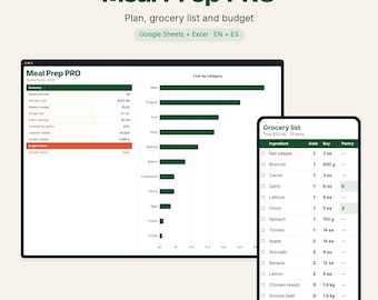 Weekly Meal Planner Spreadsheet Google Sheets Excel Auto Grocery List Budget Pantry Meal Prep Español + English