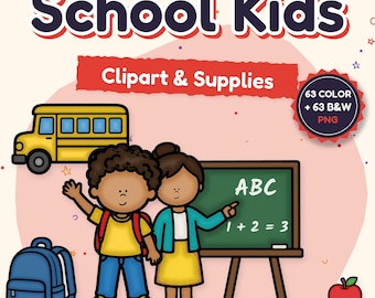 School Kids Clipart PNG, Back to School Clip Art, Teacher Clipart, School Supplies, Commercial Use, Black and White Classroom Clipart