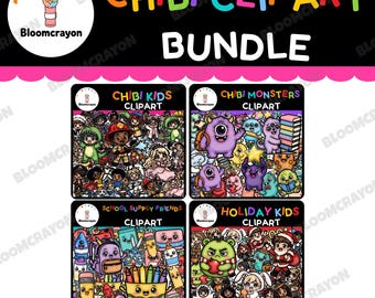 May include: A digital clipart bundle featuring four distinct sets: Chibi Kids, Chibi Monsters, School Supply Friends, and Holiday Kids. The collection includes 170 total images, with 85 color and 85 black and white PNG files displayed in a grid.