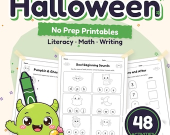 May include: A set of Kindergarten Halloween No Prep Printables featuring literacy, math, and writing activities. The pages include exercises like Boo! Beginning Sounds, Pumpkin & Ghost matching, and Before and After math problems with 48 activities.