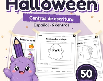 May include: A set of educational Halloween writing center worksheets for kindergarteners featuring a purple monster holding a pencil. The pages include Spanish text such as Kinder Halloween, Centros de escritura, Escribe sobre el dibujo, and 50 páginas.