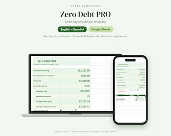 Debt Payoff Tracker Google Sheets, Snowball Avalanche Calculator, Debt Free Planner Spreadsheet, Español + English, Zero Debt PRO