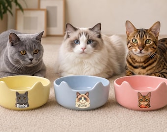 Gepersonaliseerde voerbak voor uw kat met naam en portret, schattige keramische voerbak met kattenoortjes, uniek cadeau voor kattenbezitters.
