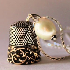 Peter Pan Thimble and Acorn Kiss Necklace Peter Pan and Wendy with Freshwater Pearl and Solid Sterling Silver - Second Star Right