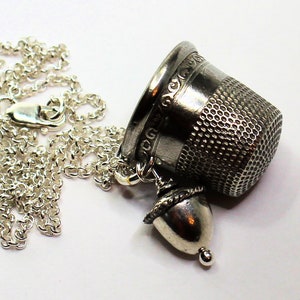 Peter Pan Jewlery Kiss Antique Child&#39;s Thimble Necklace With Acorn Kiss Peter Pan and Wendy Solid Sterling Silver