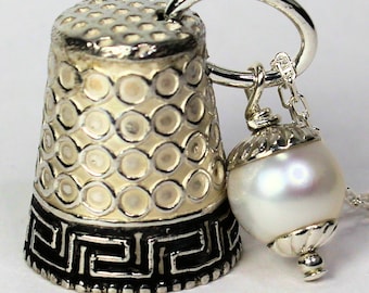 Vintage Sterling Silver Greek (925) Key Thimble and Pearl Acorn Charm Necklace Peter Pan and Wendy Hidden Kisses