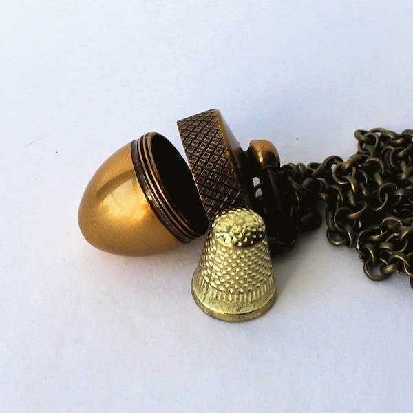 Acorn and Hidden Thimble Kisses Peter Pan Jewelry and Wendy Necklace V In Shiny and Antiqued Brass