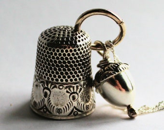 Antique Sterling Silver Thimble Necklace With Acorn Hidden Kisses Peter Pan and Wendy