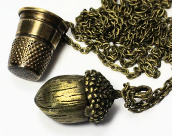 Thimble and Acorn Necklace SET Peter Pan Jewelry Thimble & Wendy Kiss Necklace in Brass, Men, Women, Sweetheart, Lover, Sister, Best Friend