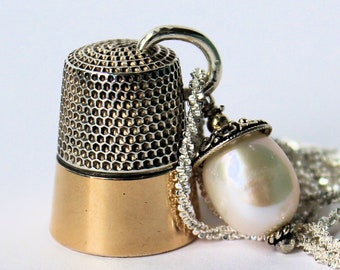 Antique Gold Washed Sterling Silver Thimble Necklace With Acorn Hidden Kisses Peter Pan and Wendy