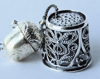 Peter Pan Antiqued Silver Finished Brass Thimble and Hidden Heart Acorn Necklace Peter Pan and Wendy Hidden Kisses III