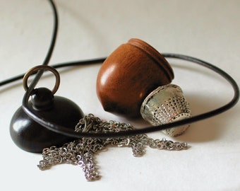 Acorn and Hidden Thimble Kisses Peter Pan Jewelry and Wendy Necklace VIII In Shiny and Wood and antiqued silver With Stainless Steel Chain